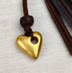 HEART of GOLD Golden Antique Style Heart & Suede-Like Chord Beaded Necklace